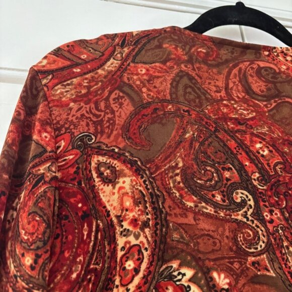 Chico's Travelers Size‎ 2 Orange Brown Paisley Open Front Cardigan Chicos Large - Picture 8 of 11